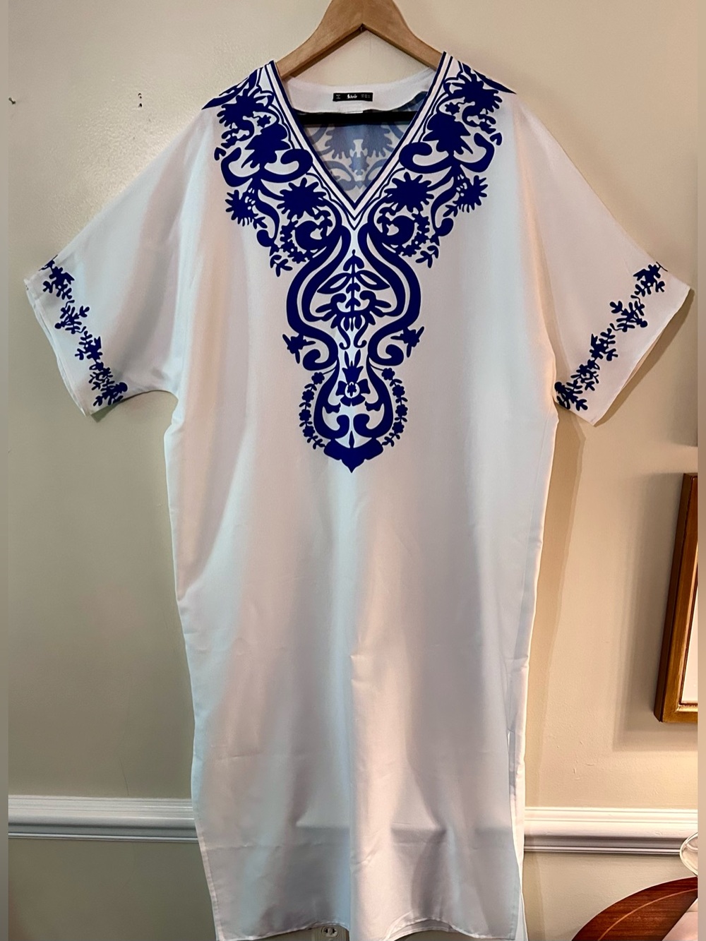 White Caftan with Blue Embroidered V-Neck